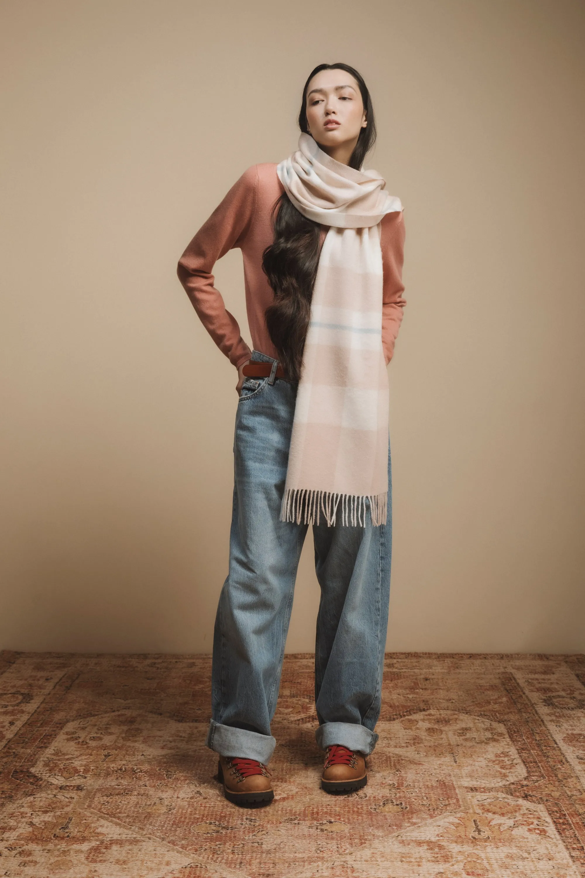 Contemporary Check Cashmere Wide Scarf - Champagne Pink