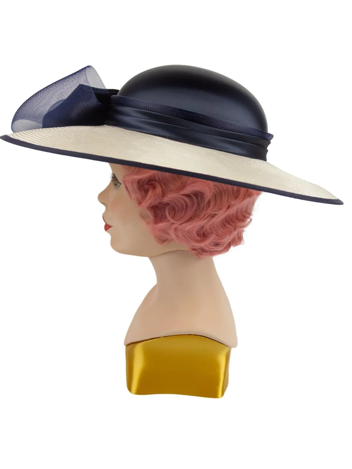 Cream & Navy Vintage Wide Brim Hat