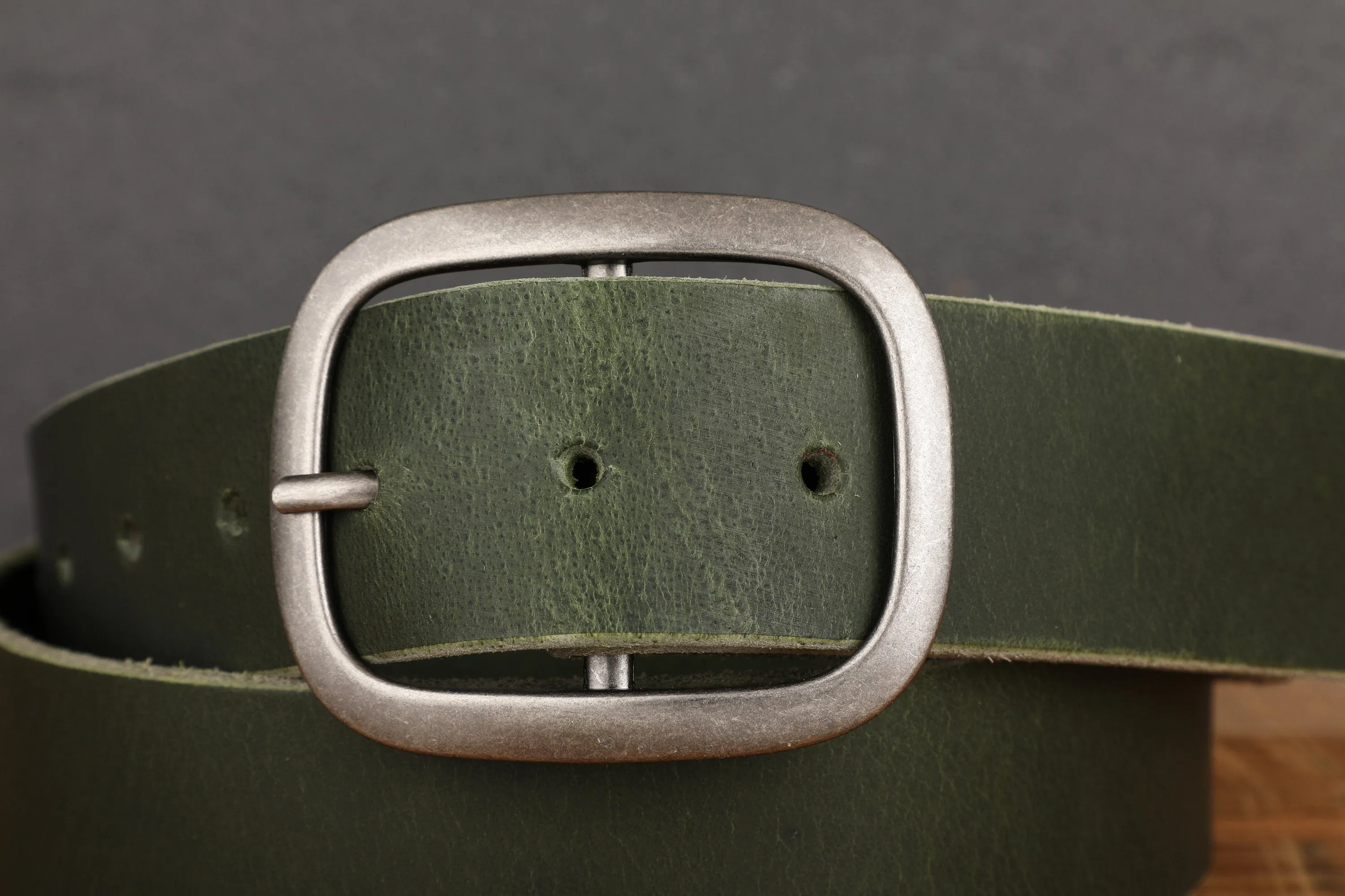 Forest Green Leather Belt with Antique Silver Buckle