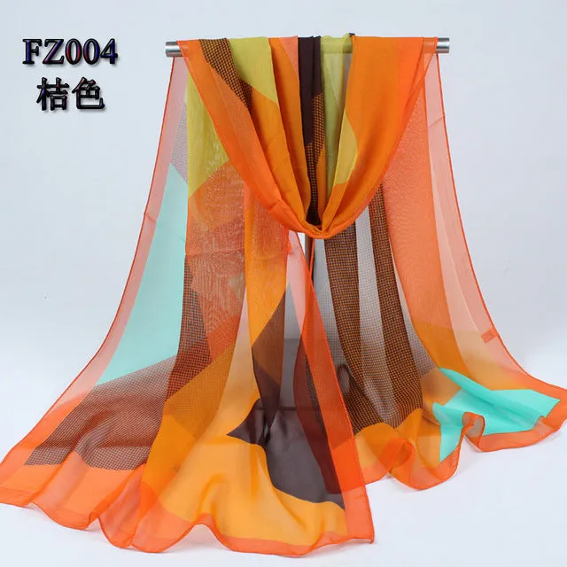 (FREE SHIPPING) Women long soft silk scarf polyester geometric pattern