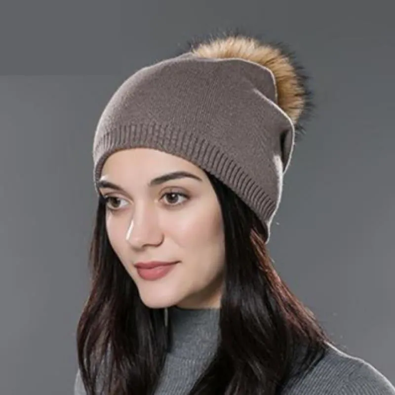 Fur Pom Pom Wool Knitted Thick Warm Beanies Hats