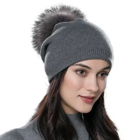 Fur Pom Pom Wool Knitted Thick Warm Beanies Hats