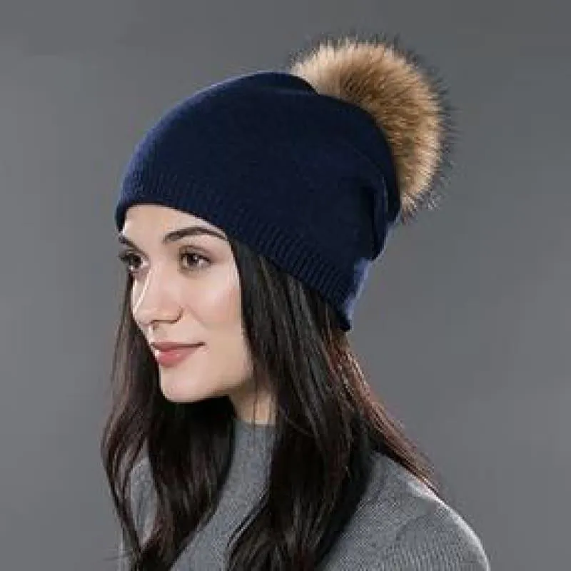 Fur Pom Pom Wool Knitted Thick Warm Beanies Hats