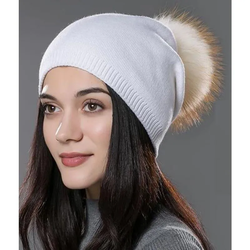 Fur Pom Pom Wool Knitted Thick Warm Beanies Hats