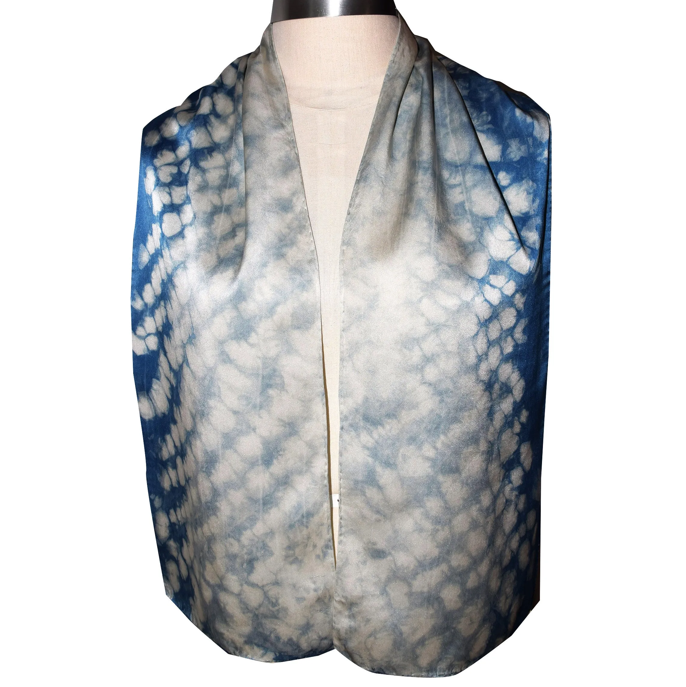 Gorgeous One of a Kind Shibori Indigo Hand Dyed Charmeuse Silk Scarf