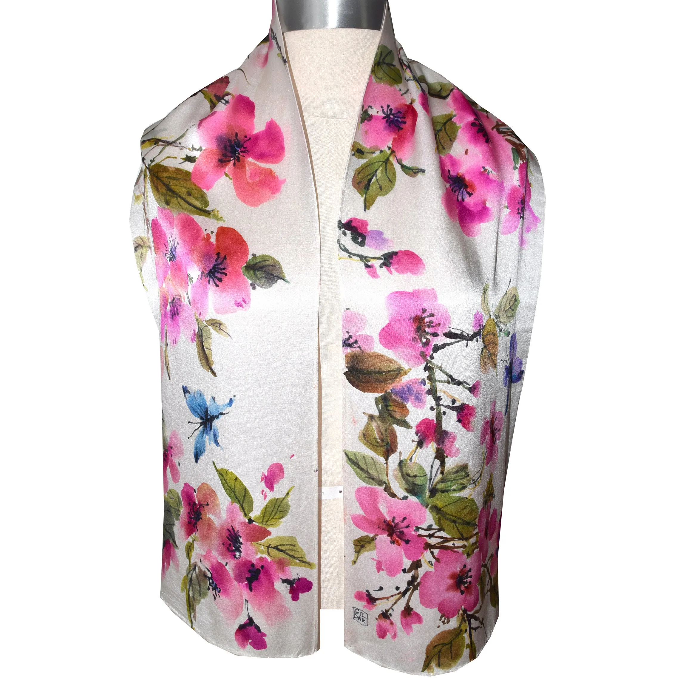 Handpainted Cherry Blossoms with Butterflies Charmeuse Silk Scarf