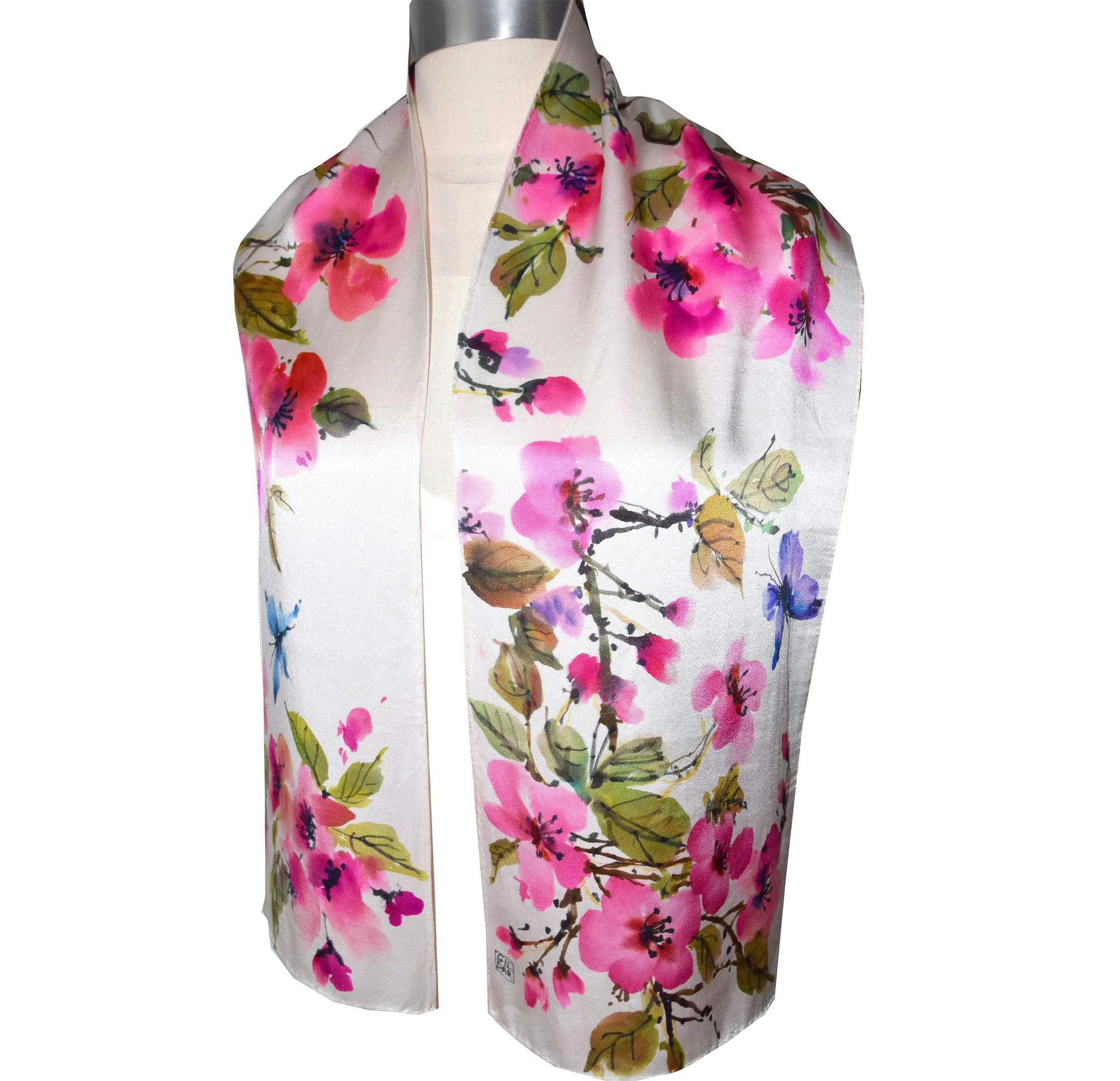 Handpainted Cherry Blossoms with Butterflies Charmeuse Silk Scarf