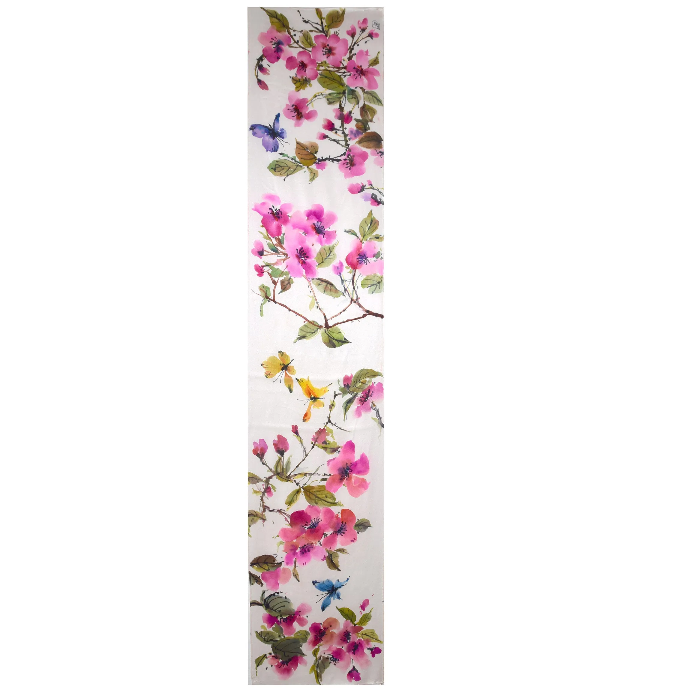 Handpainted Cherry Blossoms with Butterflies Charmeuse Silk Scarf