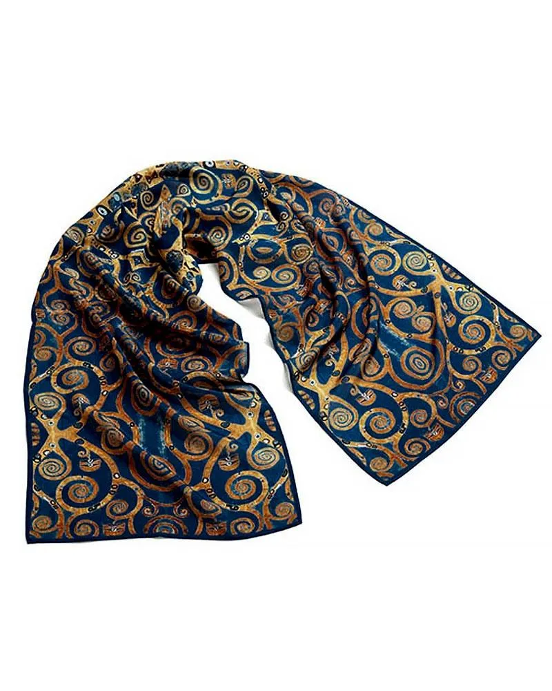 Klimt Tree of Life Crepe de Chine Silk Scarf - Blue