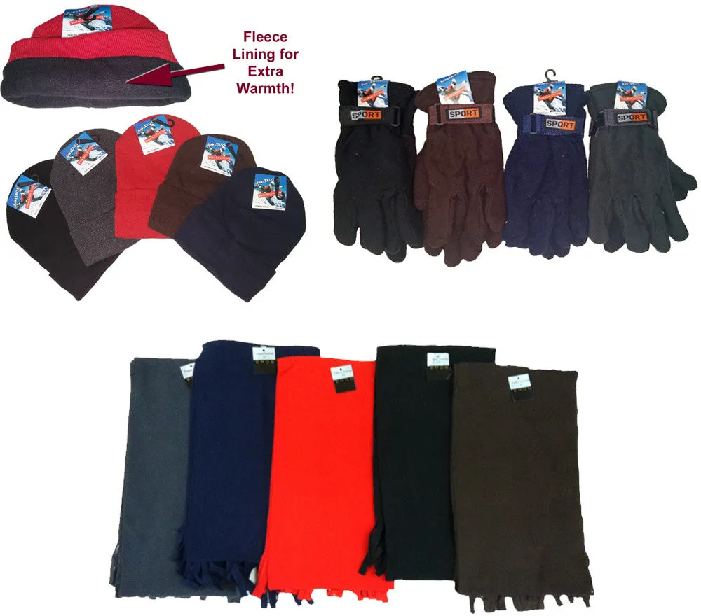 men's fleece lined winter knit hats, fleece lined gloves & solid color fleece scarves Case of 180