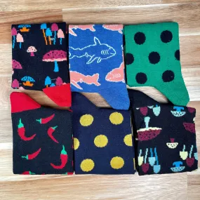 Mushroom Socks Set 6 Pair Red Pepper , Polka Dot , Shark Socks , Groomsmen Socks , Weddings Socks Gift Cotton Custom Socks