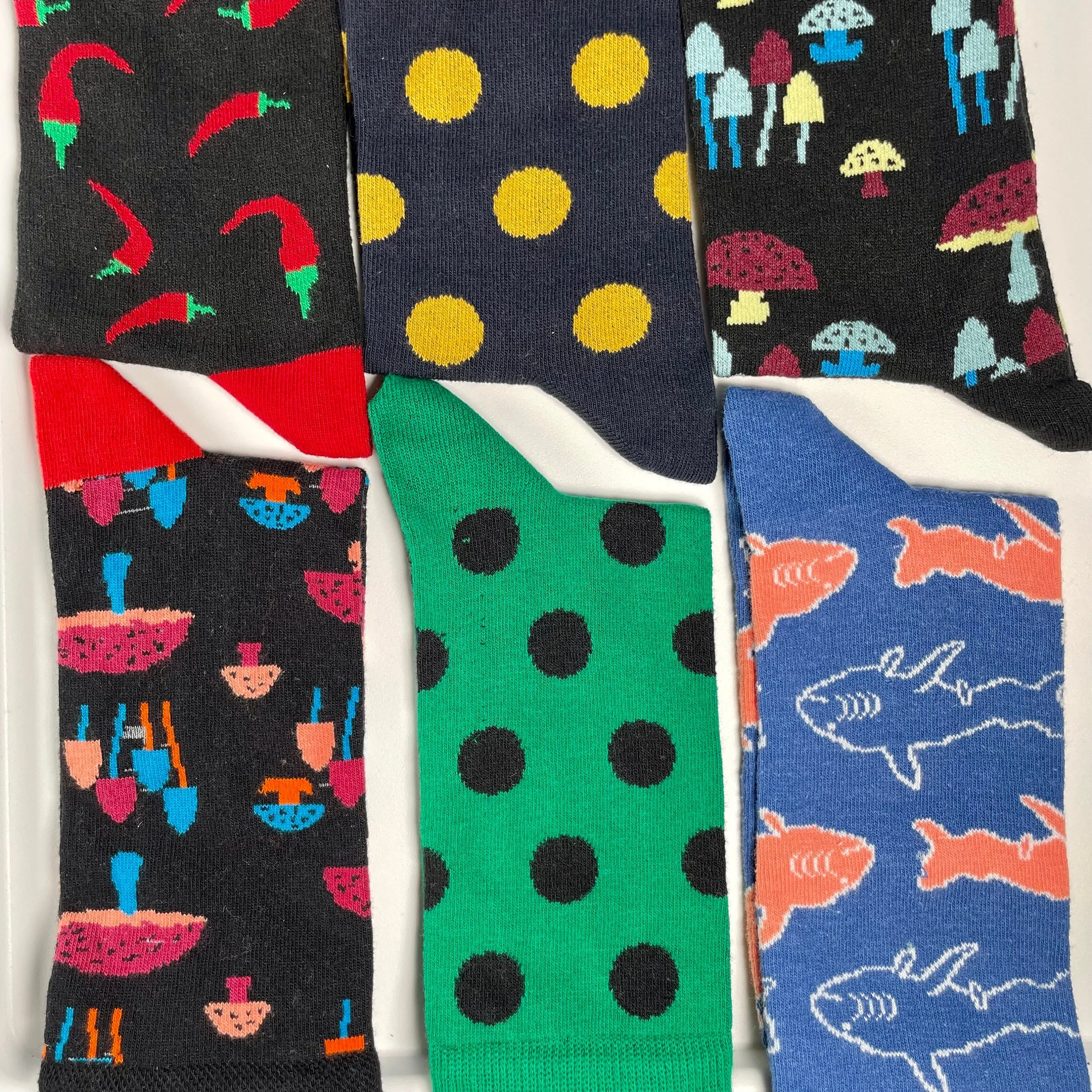 Mushroom Socks Set 6 Pair Red Pepper , Polka Dot , Shark Socks , Groomsmen Socks , Weddings Socks Gift Cotton Custom Socks