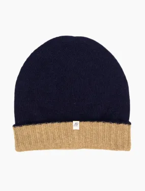 Navy & Beige Reversible Fitted Wool & Cashmere Beanie