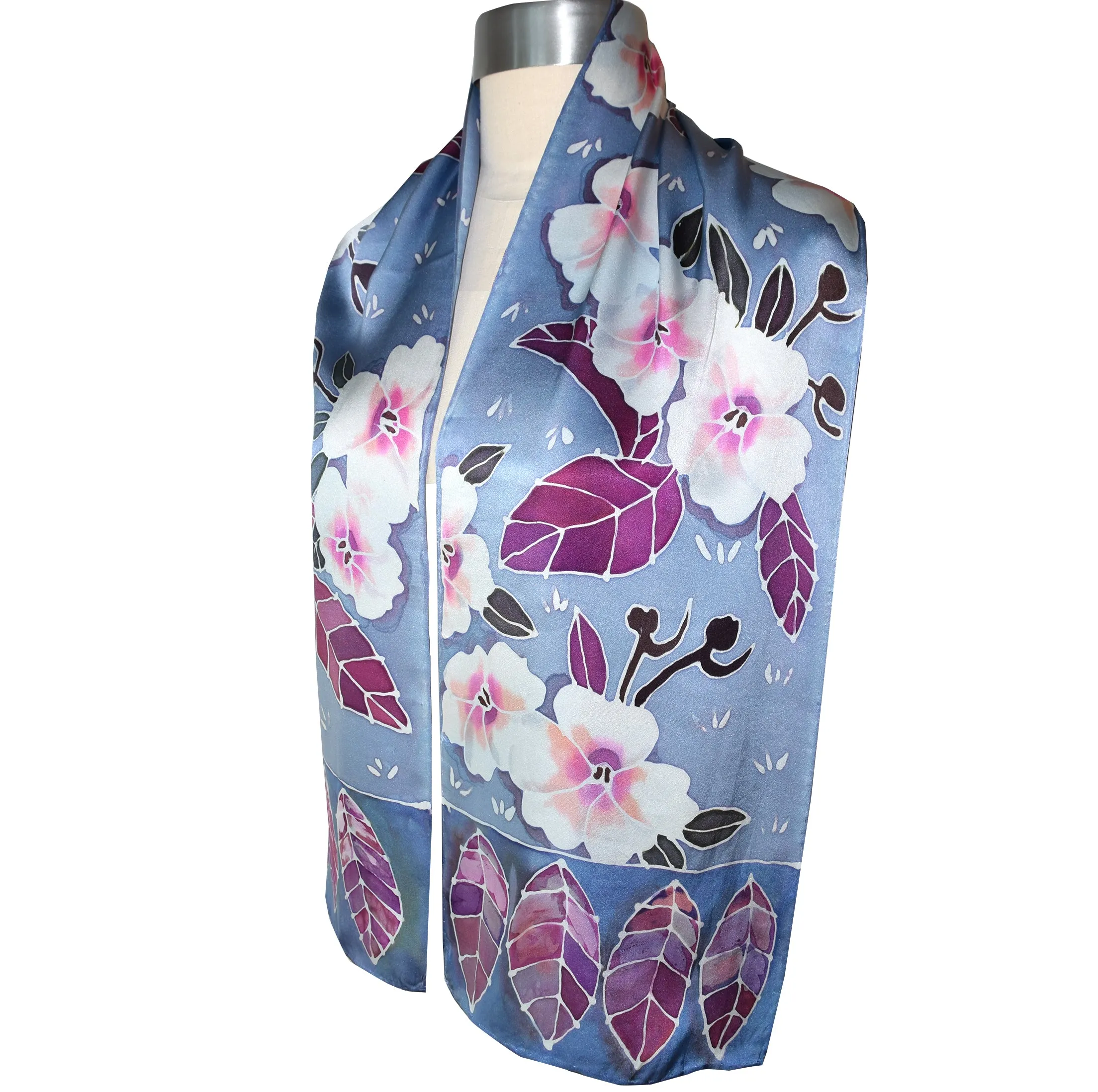 One of a Kind Handpainted Floral on Blue Gray and Plum Charmeuse Silk Scarf