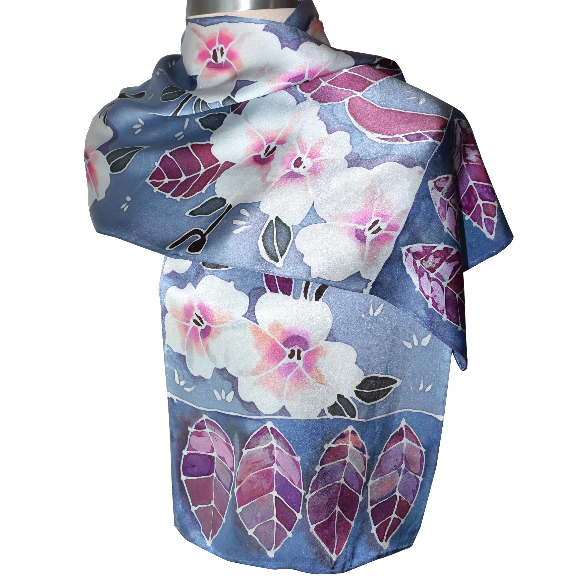 One of a Kind Handpainted Floral on Blue Gray and Plum Charmeuse Silk Scarf