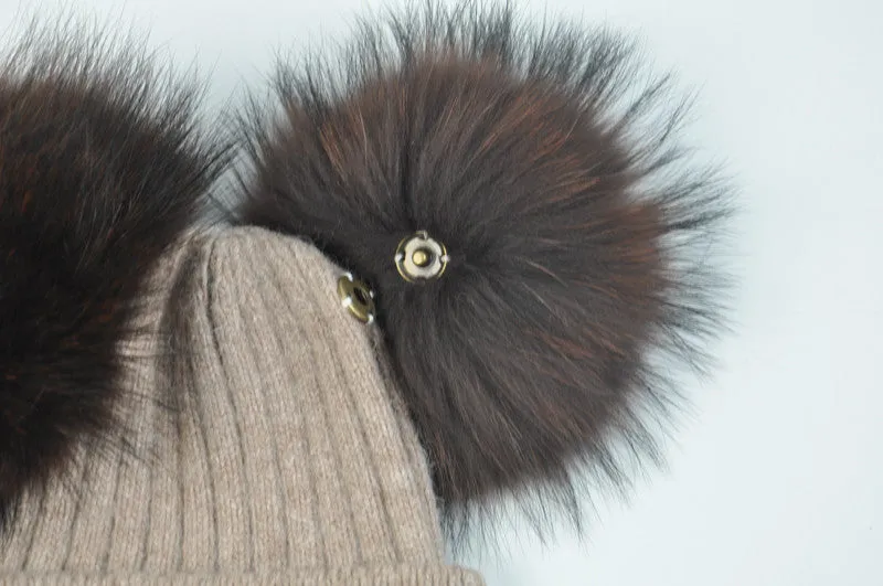 Real Fur Double Pom Pom Beanies Adult/Children (Multi-Colors)