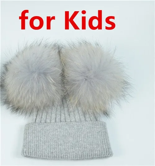 Real Fur Double Pom Pom Beanies Adult/Children (Multi-Colors)