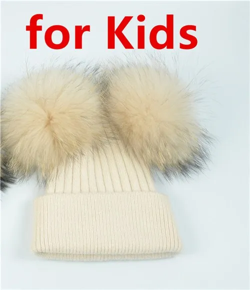 Real Fur Double Pom Pom Beanies Adult/Children (Multi-Colors)