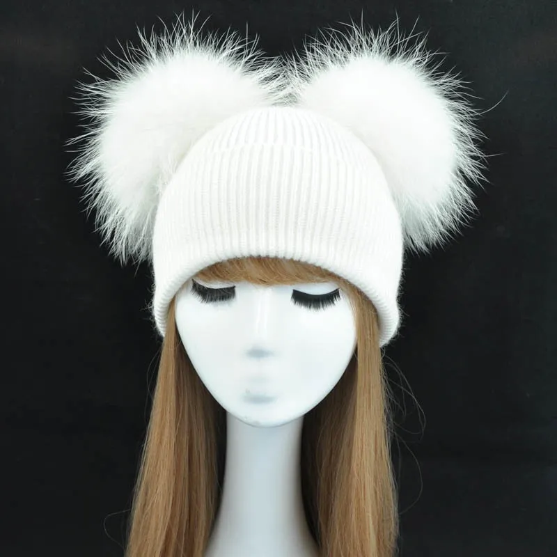 Real Fur Double Pom Pom Beanies Adult/Children (Multi-Colors)