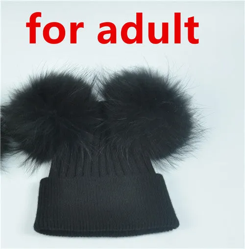 Real Fur Double Pom Pom Beanies Adult/Children (Multi-Colors)