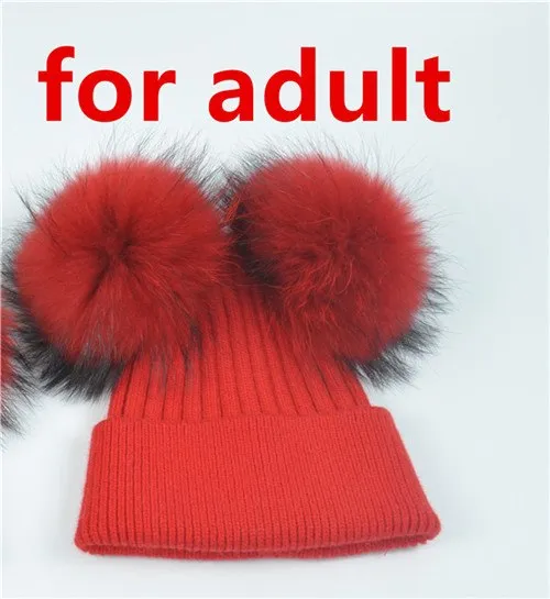 Real Fur Double Pom Pom Beanies Adult/Children (Multi-Colors)