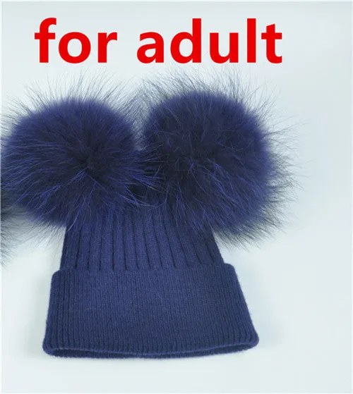 Real Fur Double Pom Pom Beanies Adult/Children (Multi-Colors)