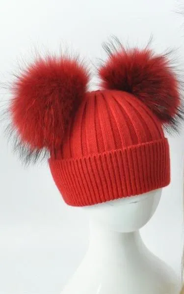 Real Fur Double Pom Pom Beanies Adult/Children (Multi-Colors)