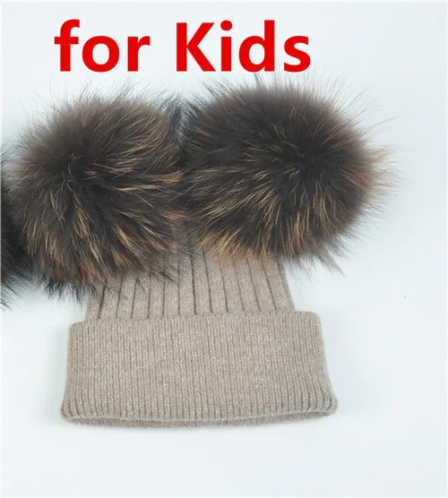 Real Fur Double Pom Pom Beanies Adult/Children (Multi-Colors)