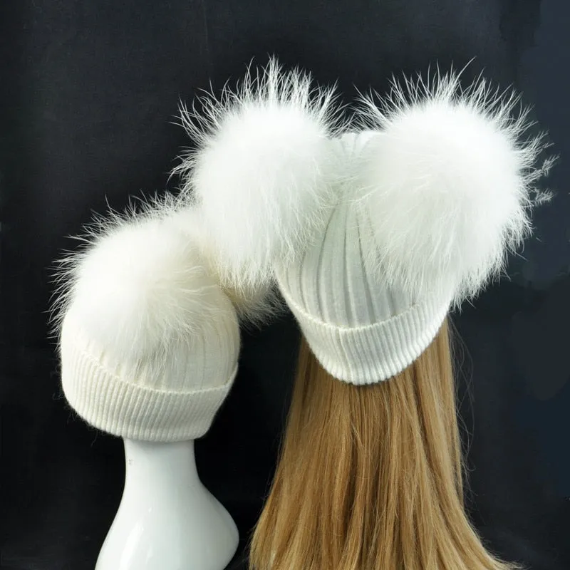 Real Fur Double Pom Pom Beanies Adult/Children (Multi-Colors)