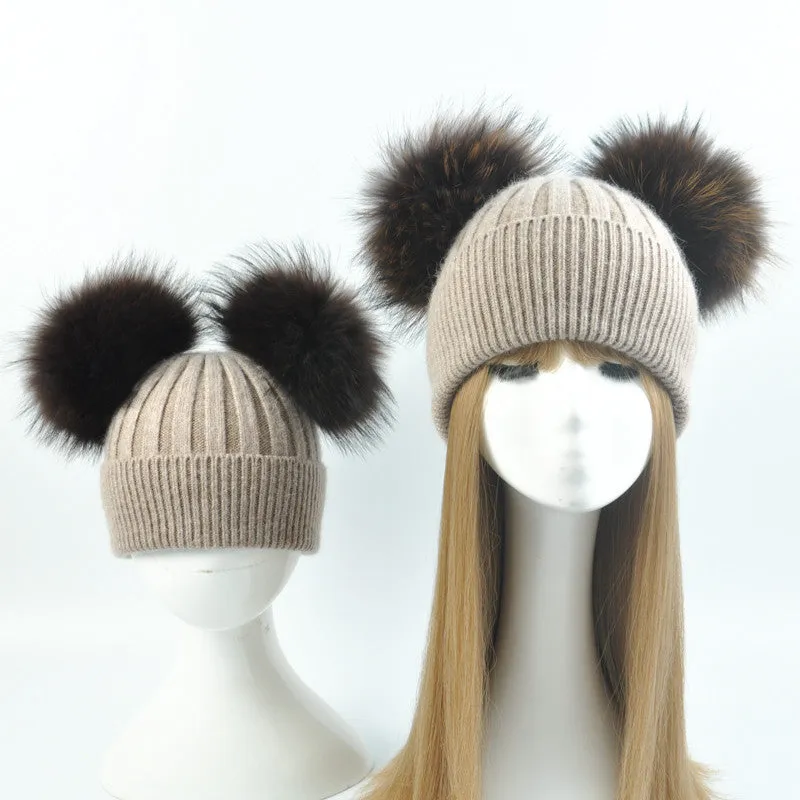 Real Fur Double Pom Pom Beanies Adult/Children (Multi-Colors)