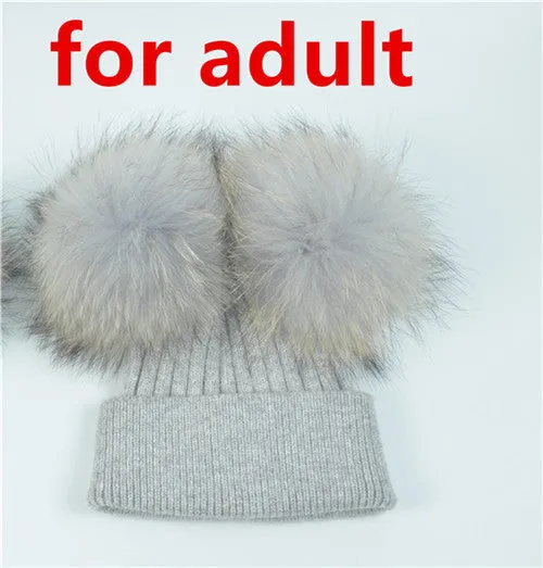 Real Fur Double Pom Pom Beanies Adult/Children (Multi-Colors)