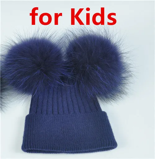 Real Fur Double Pom Pom Beanies Adult/Children (Multi-Colors)