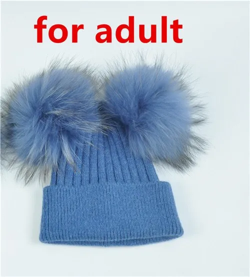 Real Fur Double Pom Pom Beanies Adult/Children (Multi-Colors)