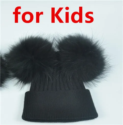 Real Fur Double Pom Pom Beanies Adult/Children (Multi-Colors)