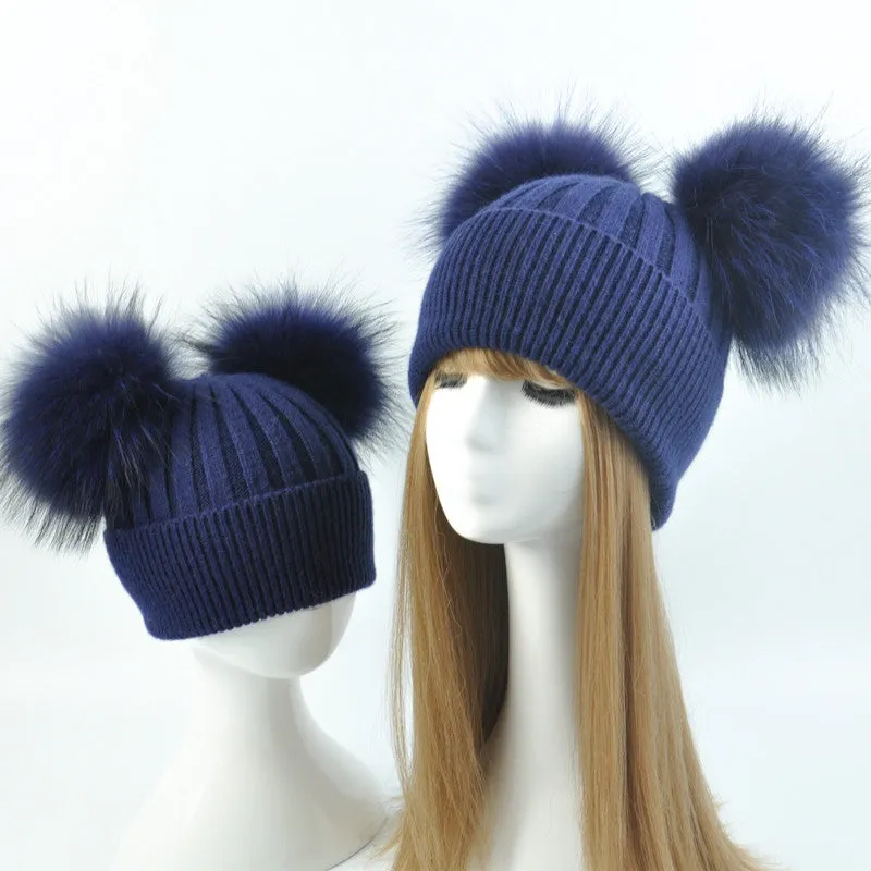 Real Fur Double Pom Pom Beanies Adult/Children (Multi-Colors)