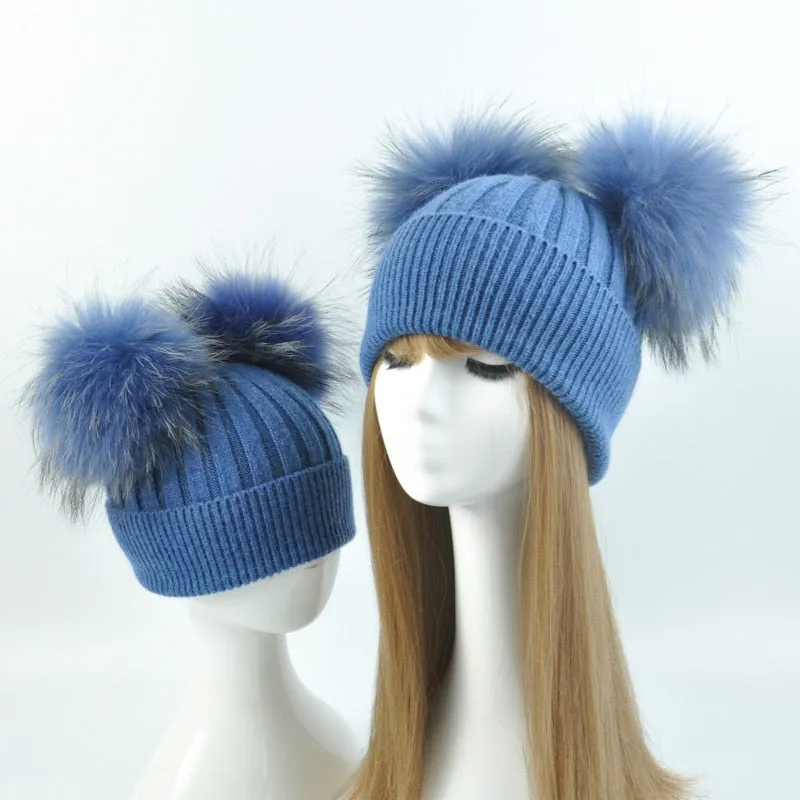 Real Fur Double Pom Pom Beanies Adult/Children (Multi-Colors)