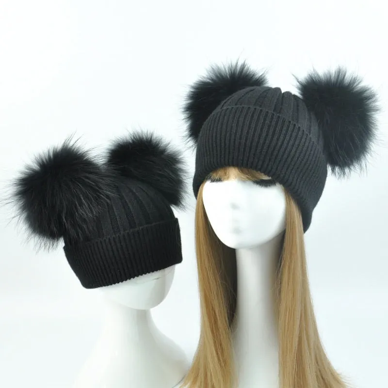 Real Fur Double Pom Pom Beanies Adult/Children (Multi-Colors)