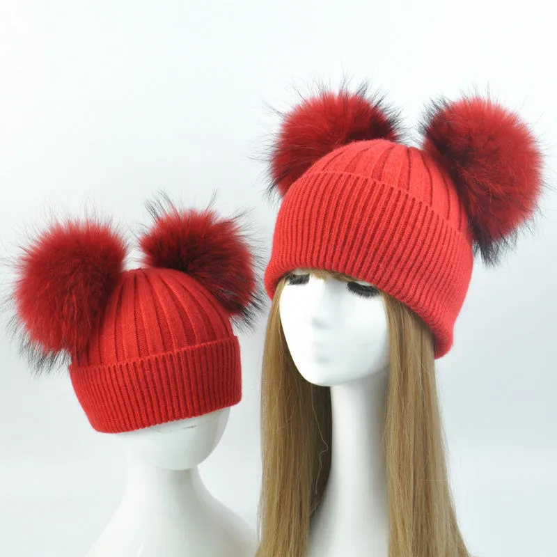 Real Fur Double Pom Pom Beanies Adult/Children (Multi-Colors)