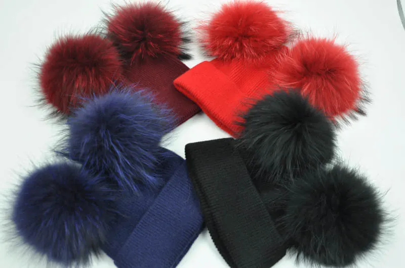 Real Fur Double Pom Pom Beanies Adult/Children (Multi-Colors)