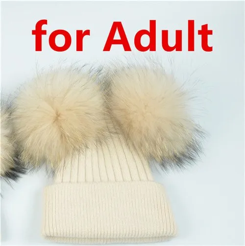 Real Fur Double Pom Pom Beanies Adult/Children (Multi-Colors)