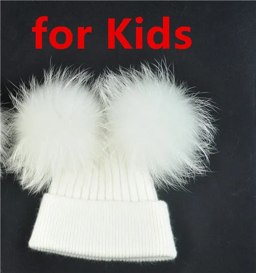 Real Fur Double Pom Pom Beanies Adult/Children (Multi-Colors)