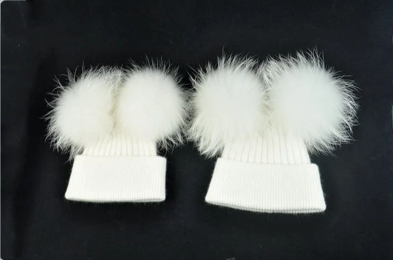 Real Fur Double Pom Pom Beanies Adult/Children (Multi-Colors)