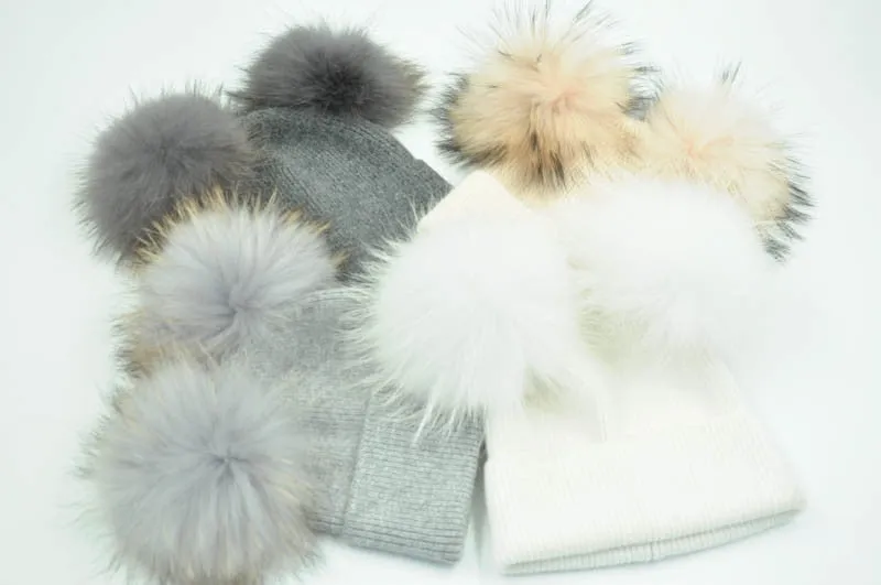 Real Fur Double Pom Pom Beanies Adult/Children (Multi-Colors)