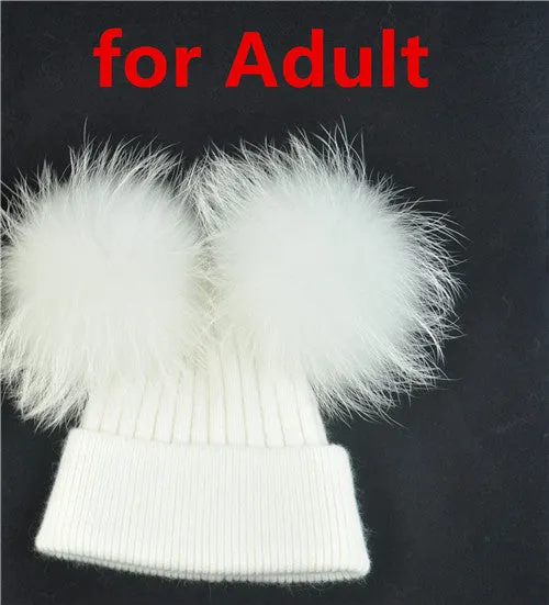 Real Fur Double Pom Pom Beanies Adult/Children (Multi-Colors)