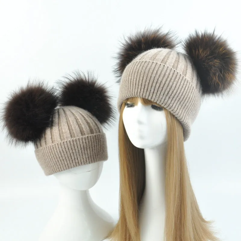 Real Fur Double Pom Pom Beanies Adult/Children (Multi-Colors)