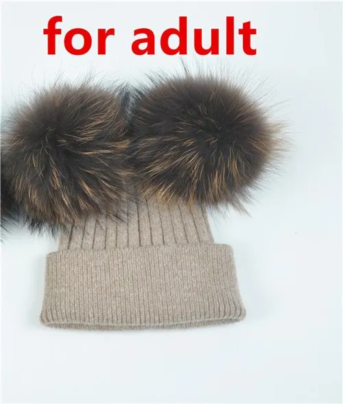 Real Fur Double Pom Pom Beanies Adult/Children (Multi-Colors)