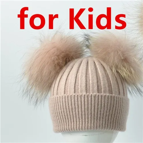 Real Fur Double Pom Pom Beanies Adult/Children (Multi-Colors)