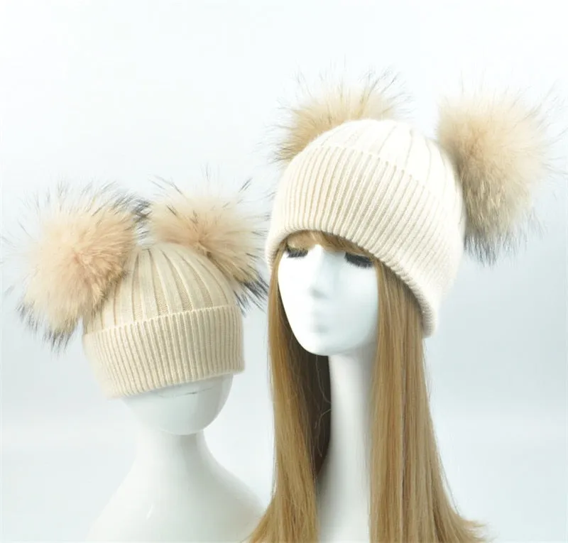 Real Fur Double Pom Pom Beanies Adult/Children (Multi-Colors)