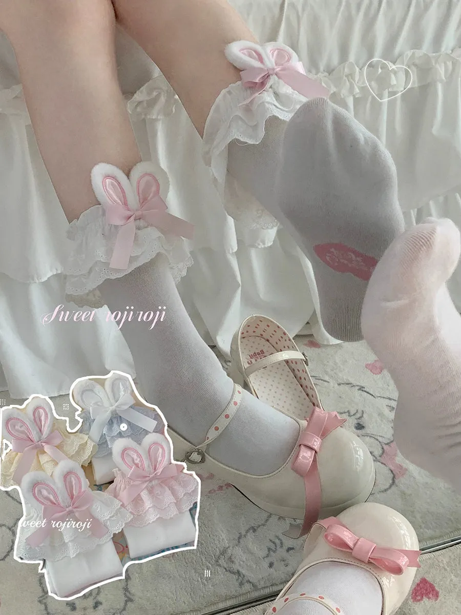 Roji roji~Cotton Lolita Bunny Ear Socks Summer Bow Short Socks