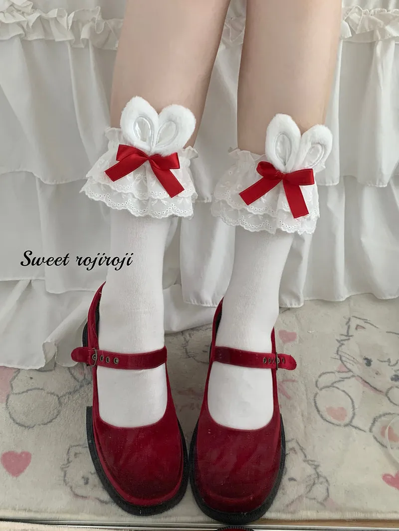 Roji roji~Cotton Lolita Bunny Ear Socks Summer Bow Short Socks